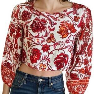 Nicole Miller Red and Orange Linen Blend Crop Blouse